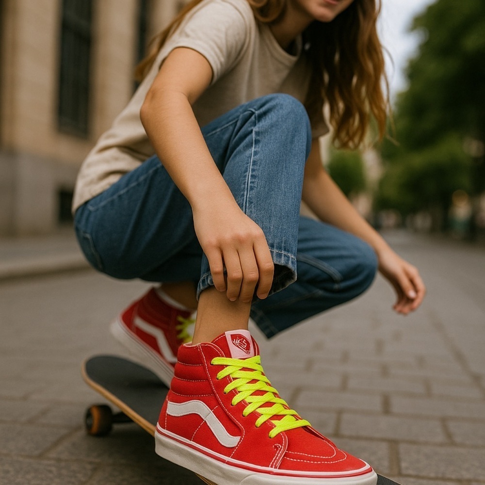 📌 Vans Sk8-Hi Red High Top Sneakers Men’s 5 / Women’s 6.5 Neon Laces Classic